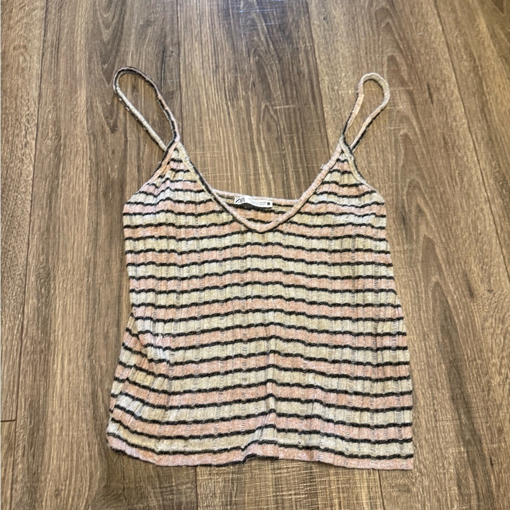 Zara Knit Pink Navy Striped V Neck Tank Top Size S